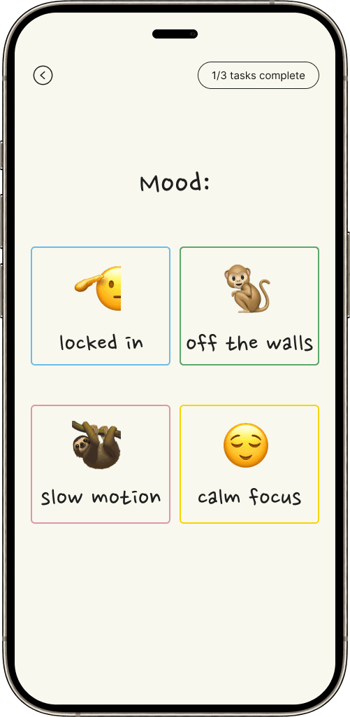 Mobile Screen Mockup displaying an example of four mood buttons to select to toggle associated to-dos.